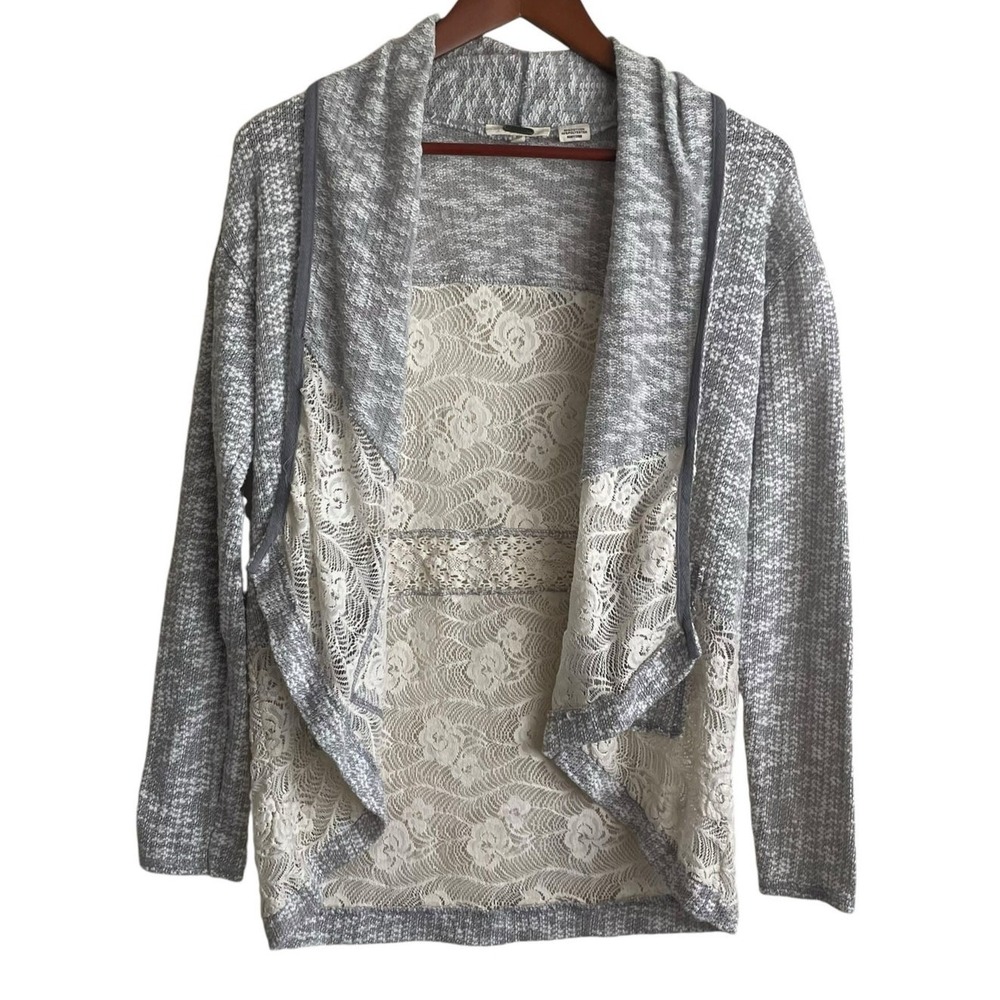 Miss Me‎ Women Cardigan S Gray Ivory Crochet Lace Waterfall Open Front Cottage